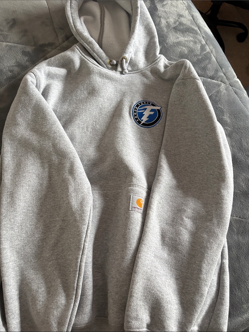 Carhartt Gray Hoodie with Blue Lightning Patch